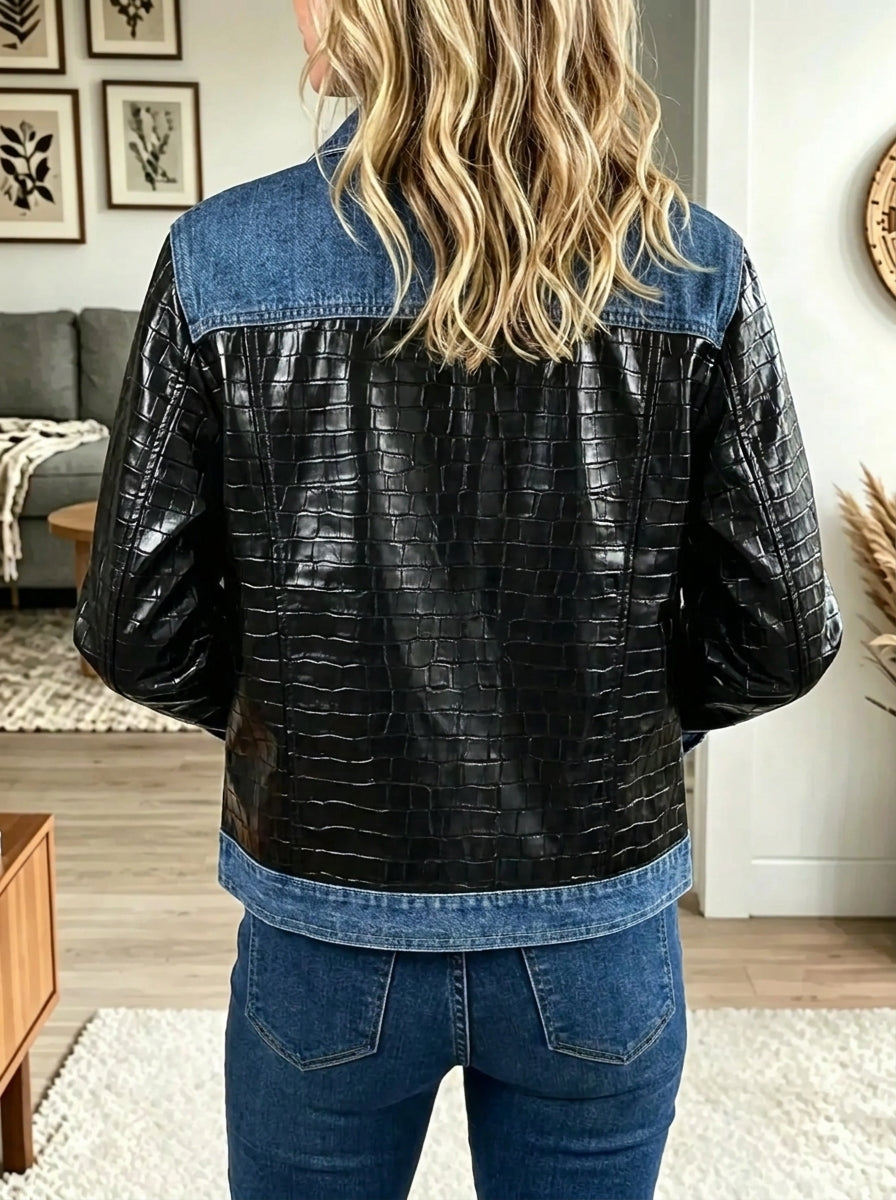 Black Collared Croc Embossed Patchwork Button-Front Denim Jacket 2
