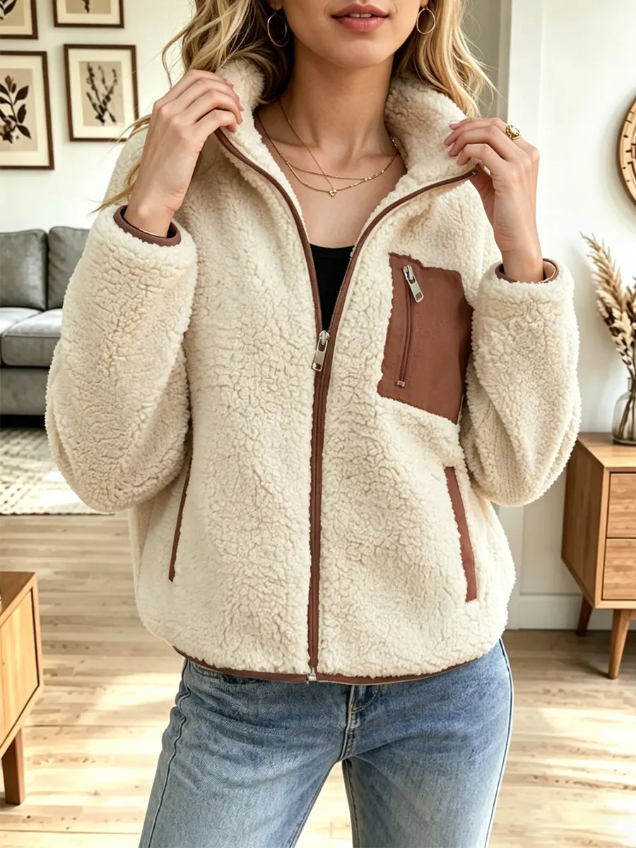 Stand Collar Teddy Fleece Zip-Front Pocket Jacket 2