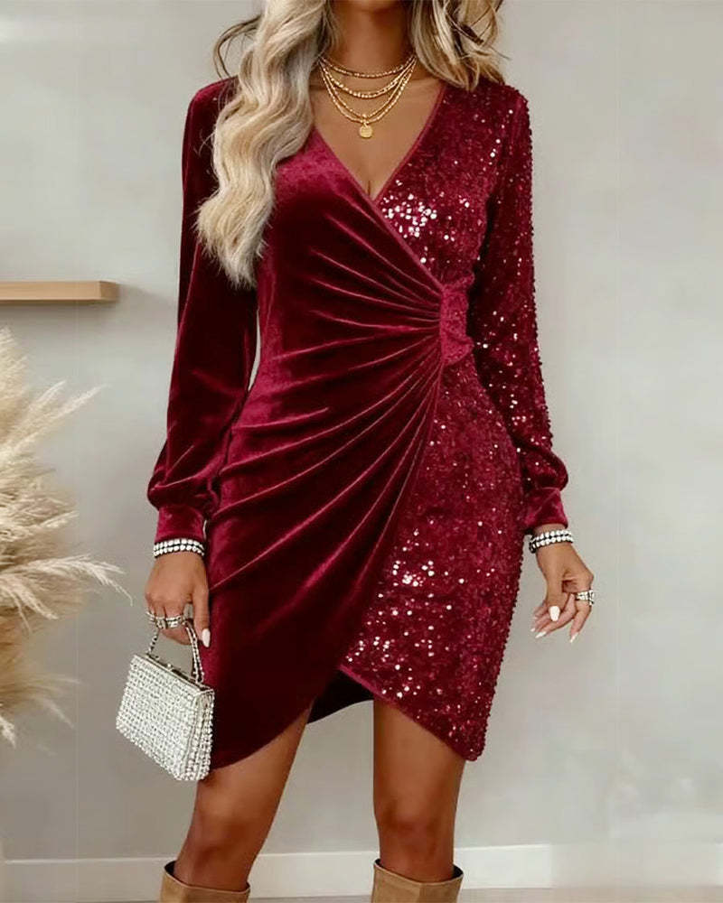 V-Neck Velvet Sequin Patchwork Ruched Wrap Bodycon Mini Dress 3