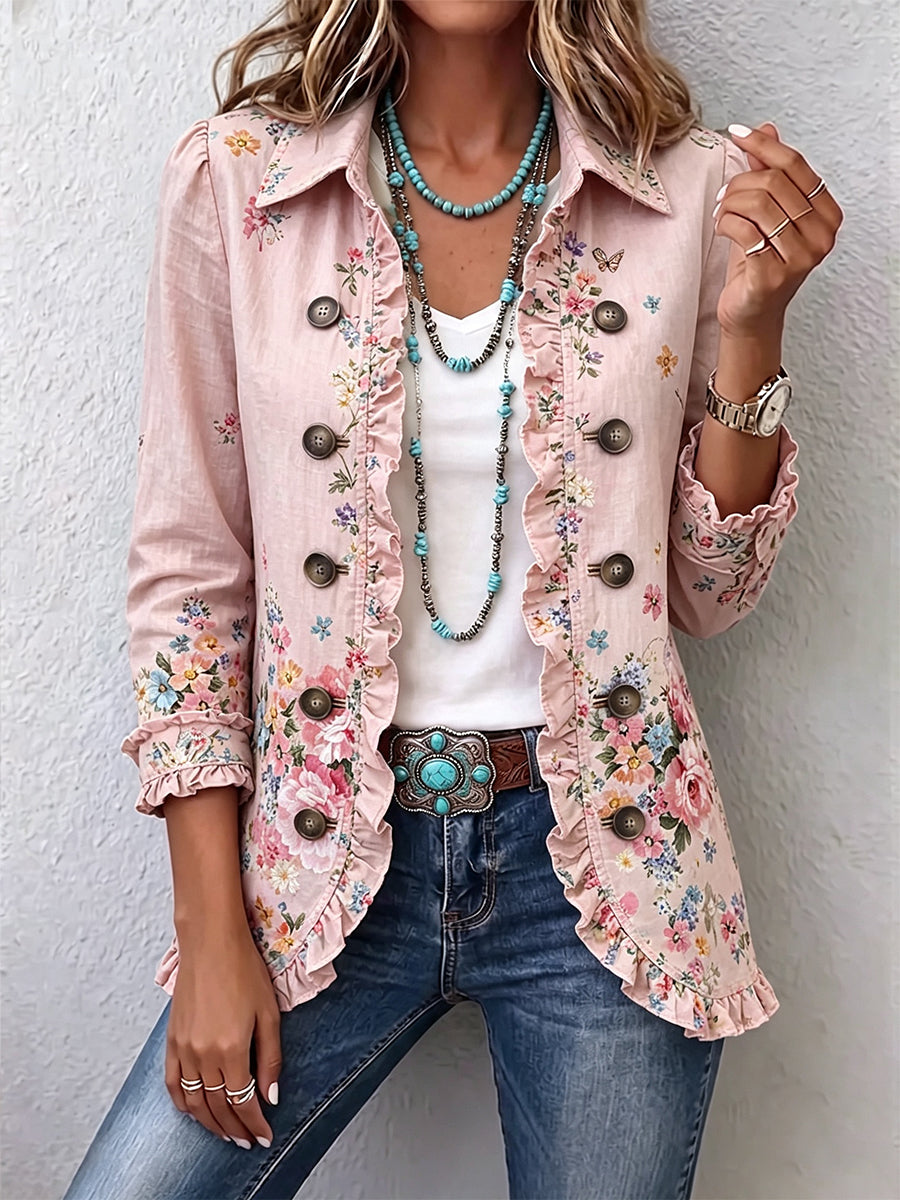 Pink Lapel Collar Floral Print Button-Front Ruffle Trim Jacket