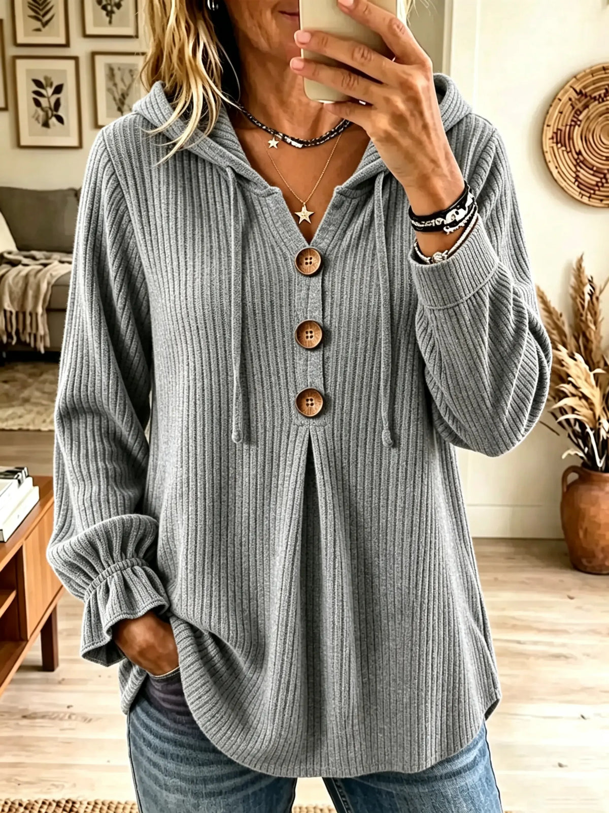 Grey Drawstring Hood Button Placket Ribbed Knit Pullover