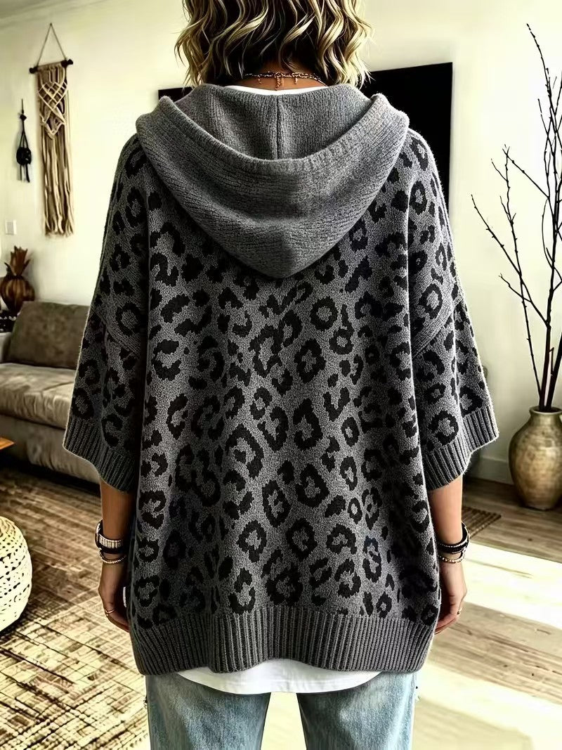 Hooded Leopard Print Drawstring Half Sleeve Knit Sweater 2