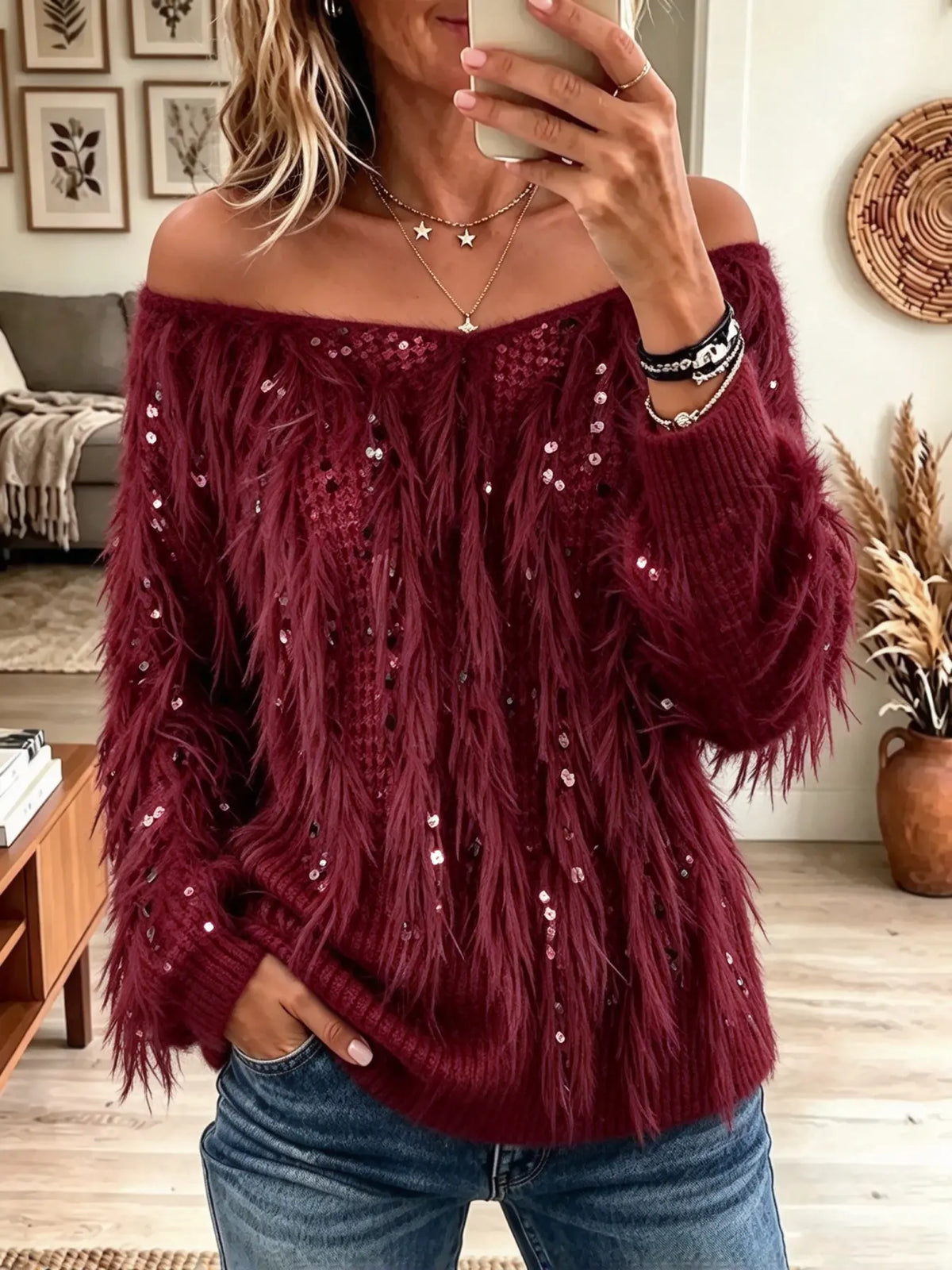 Burgundy Off-Shoulder Faux Feather Fringe Sequin Long Sleeve Knit Sweater
