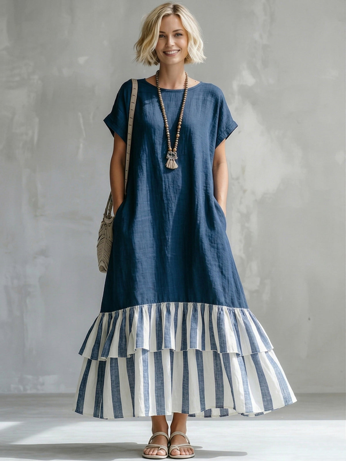 Round Neck Short Sleeve Striped Tiered Ruffle Hem Loose Maxi Dress 4