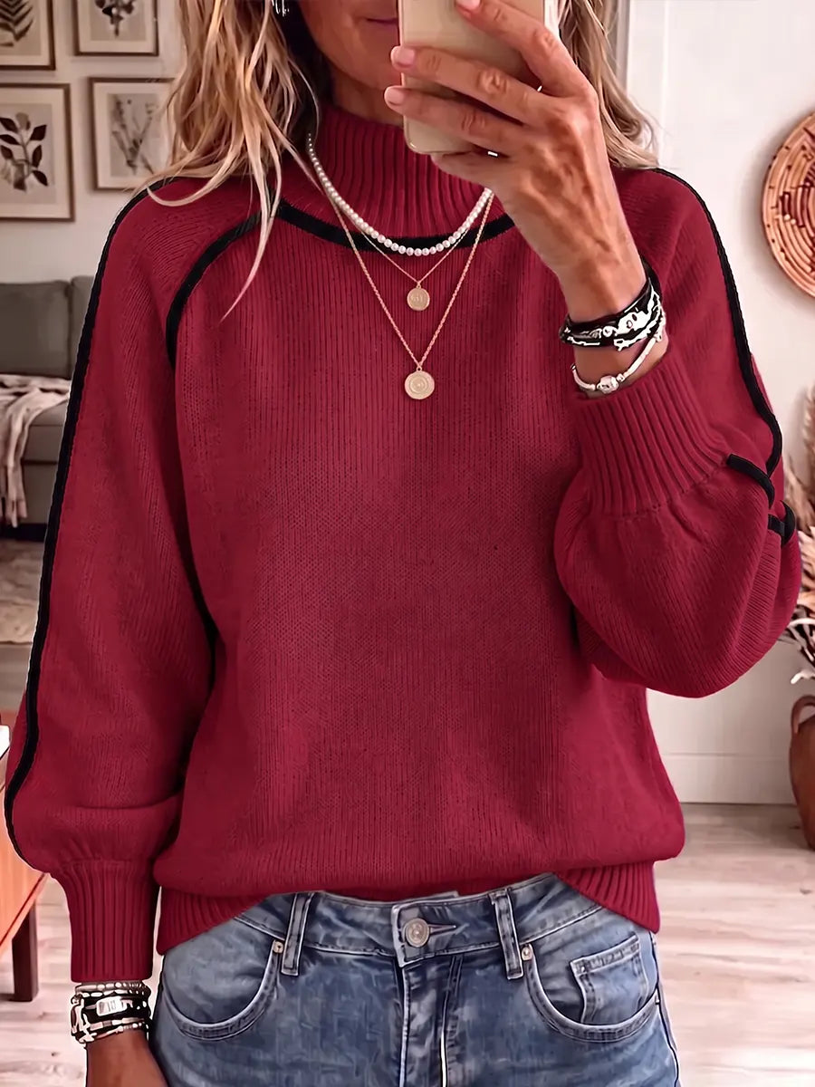 Mock Neck Contrast Stripe Long Sleeve Knit Sweater 7