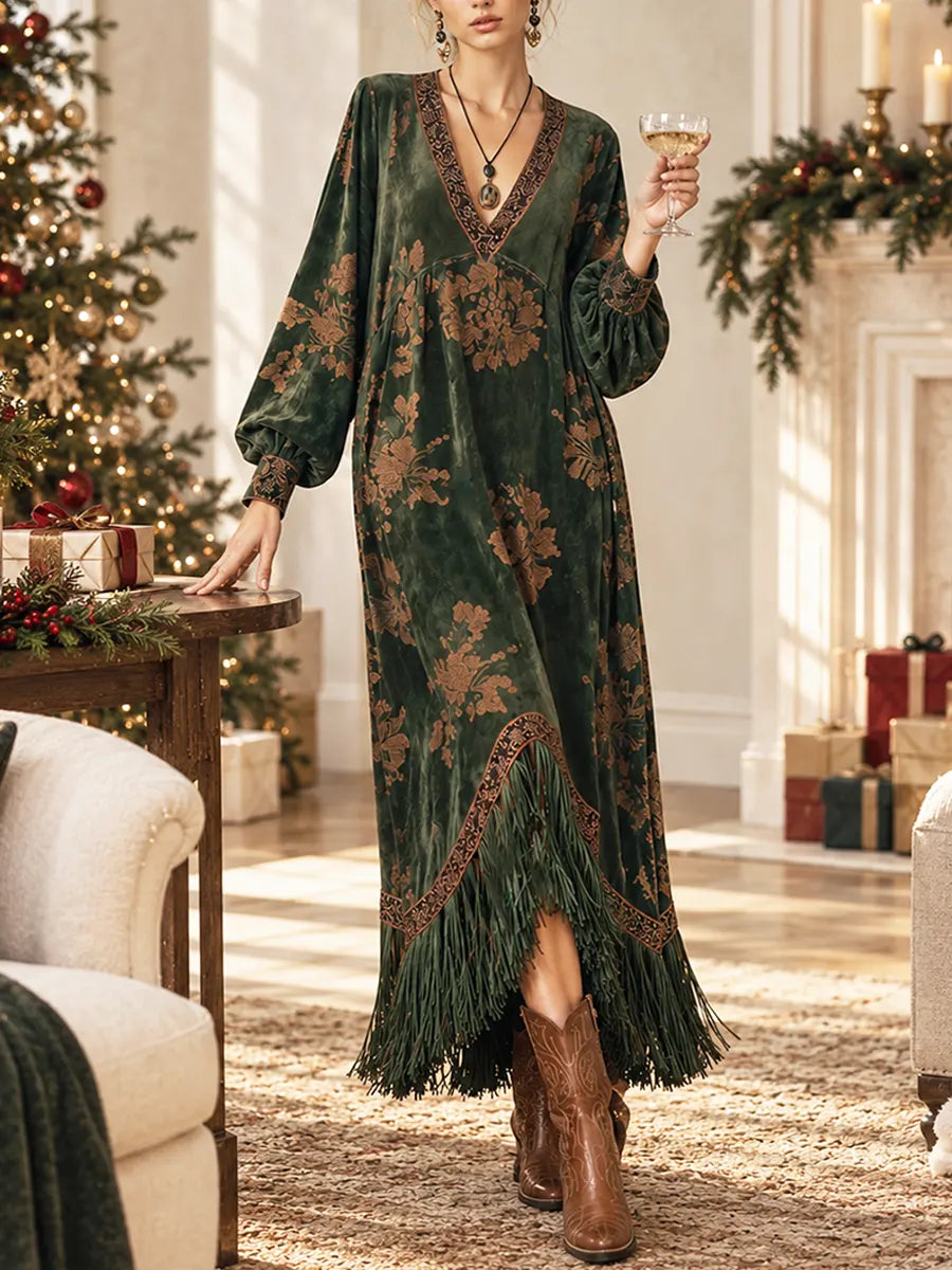Green V-Neck Floral Velvet Tassel Hem Long Sleeve Boho Maxi Dress 3