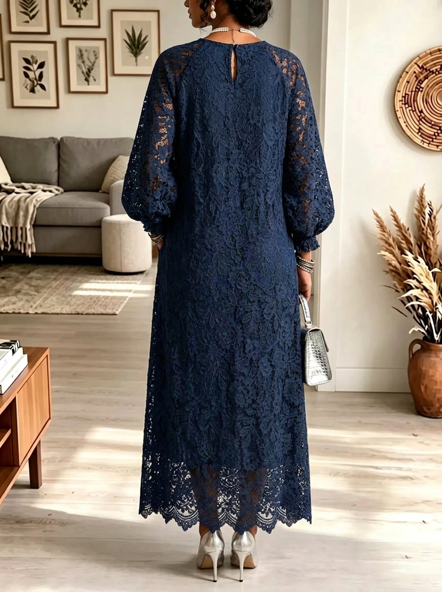 Navyblue Round Neck Floral Lace Balloon Sleeve Scalloped Hem Maxi Dress 2
