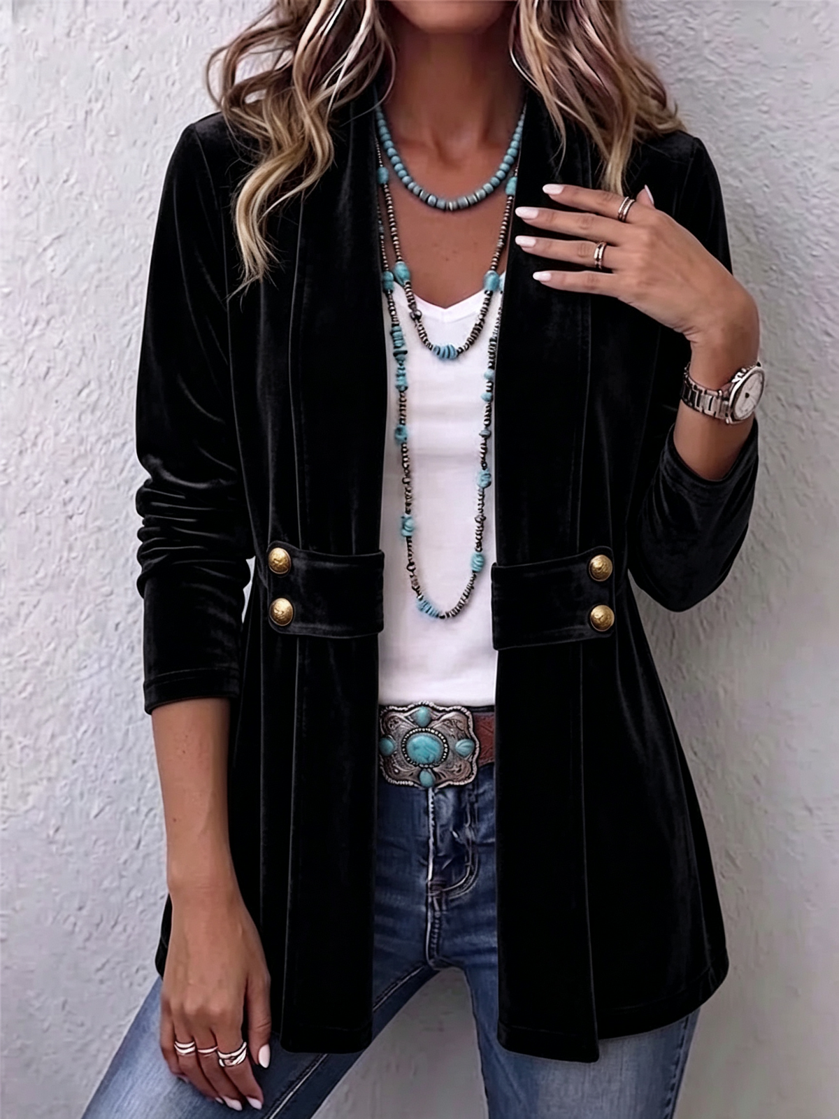 Lapel Collar Velvet Button Accent Open Front Jacket 6