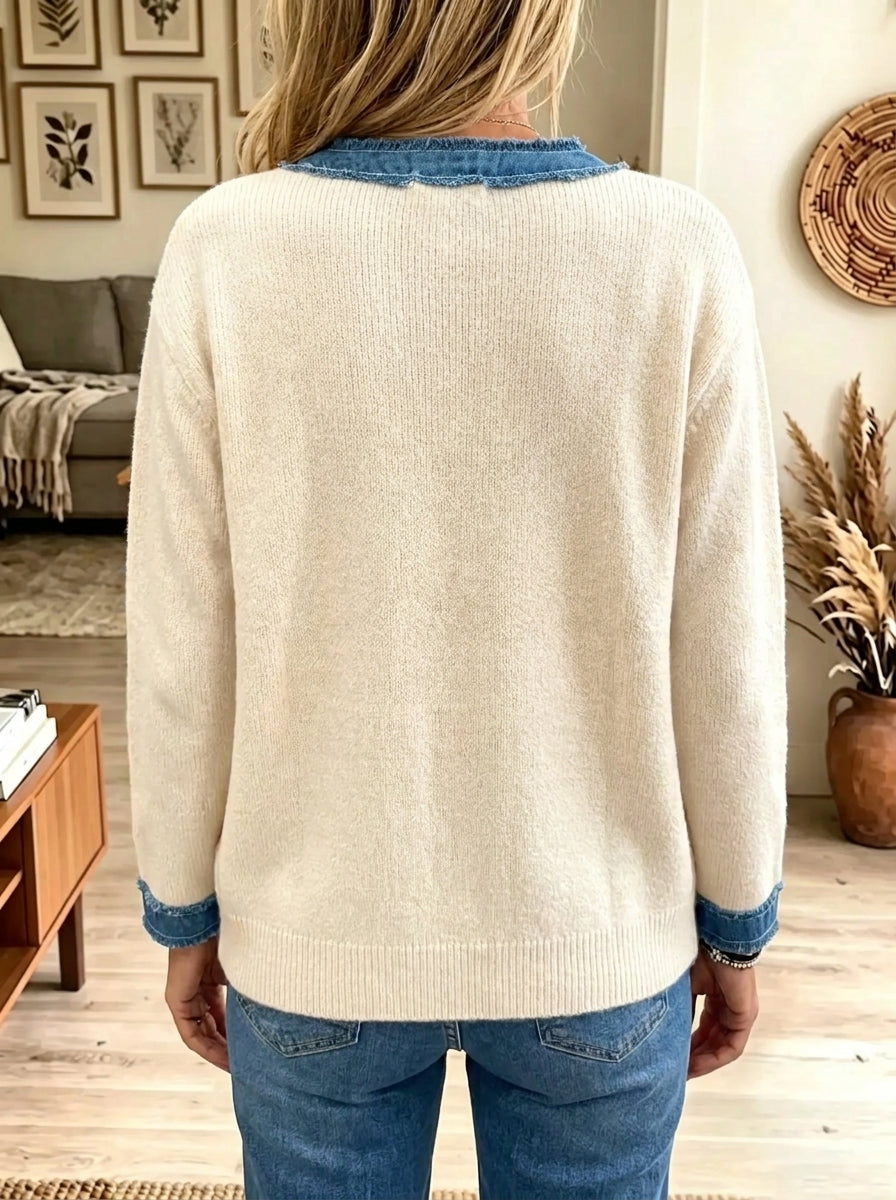 Cream Round Neck Frayed Denim Trim Knit Button Cardigan 2