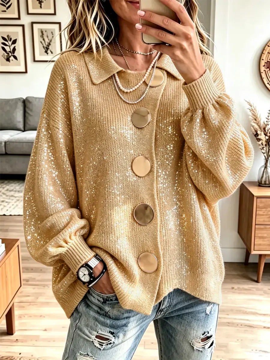 Yellow Collared Sequin Knit Big Button Balloon Sleeve Cardigan