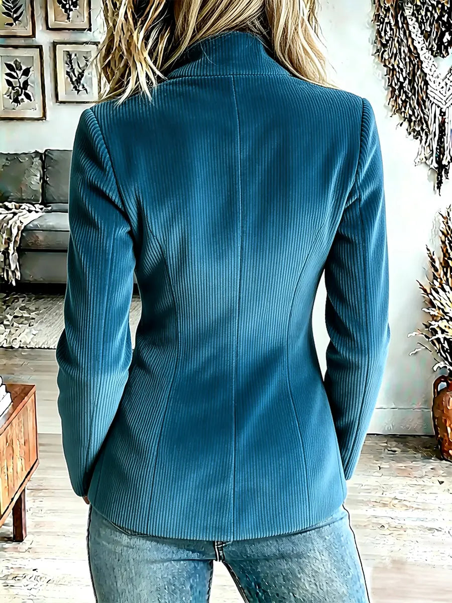 Blue Stand Collar Ribbed Corduroy Asymmetric Button Long Sleeve Jacket 2