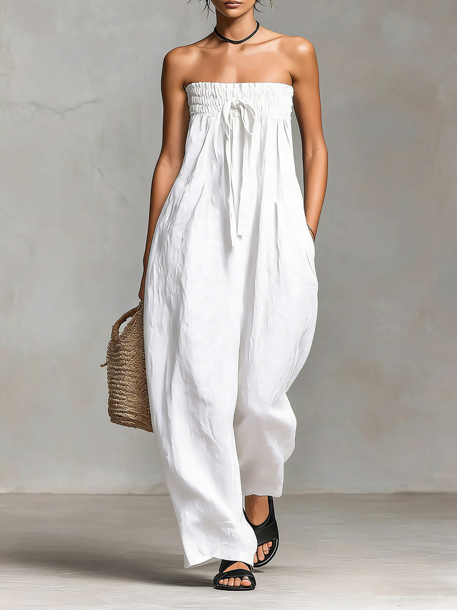 Strapless Shirred Drawstring Wide Leg Jumpsuit 3