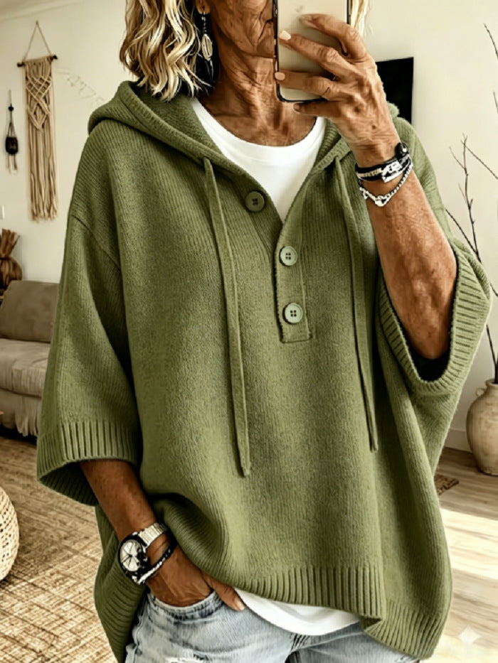 Hooded Half Button Batwing Sleeve Oversized Knit Sweater