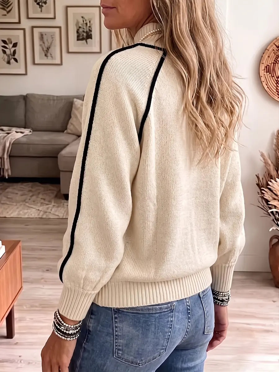 Mock Neck Contrast Stripe Long Sleeve Knit Sweater 2