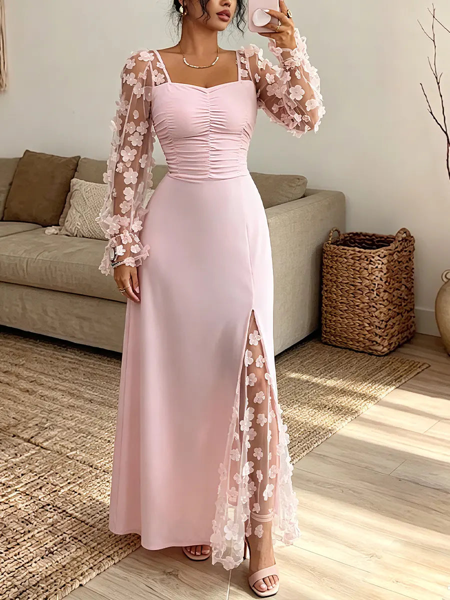 Square Neck 3D Floral Sheer Sleeve Ruched High Slit Maxi Dress