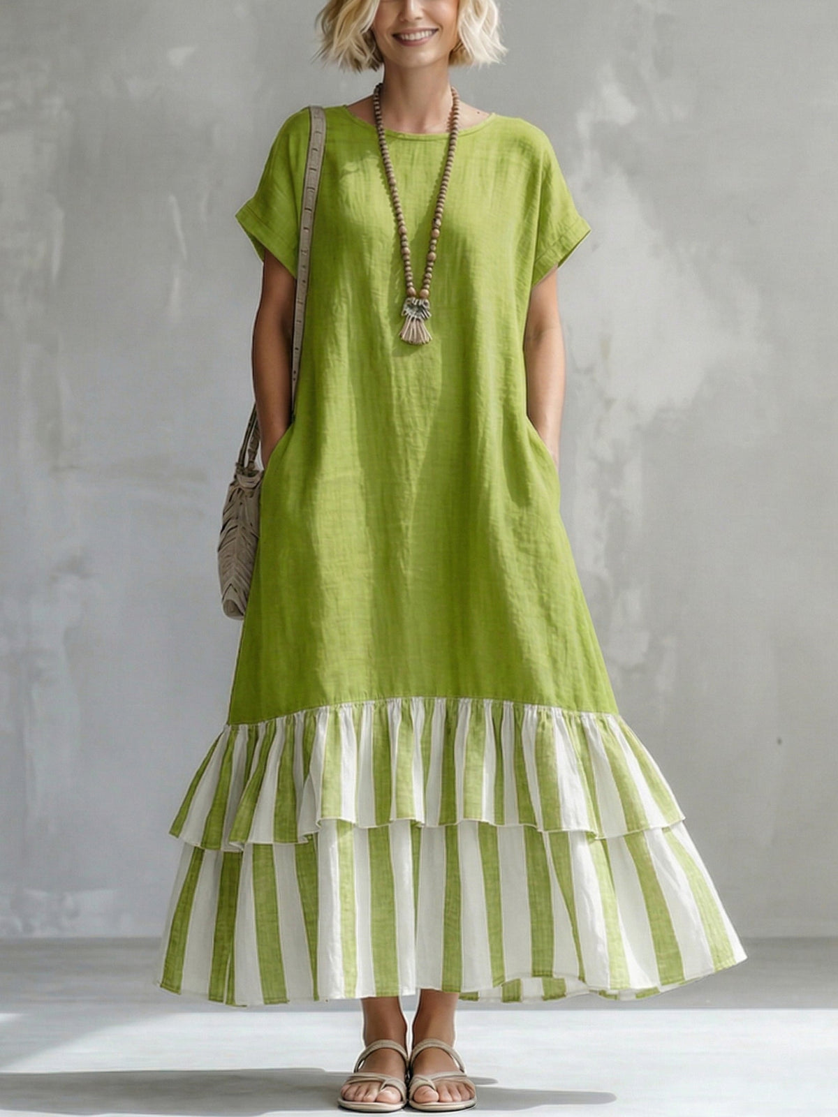 Round Neck Short Sleeve Striped Tiered Ruffle Hem Loose Maxi Dress