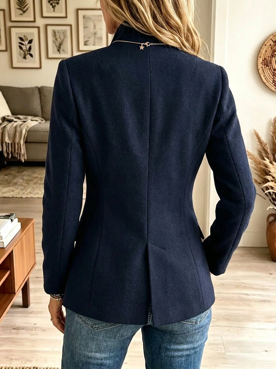 Navyblue Stand Collar Double-Breasted Fitted Woolen Blazer 2