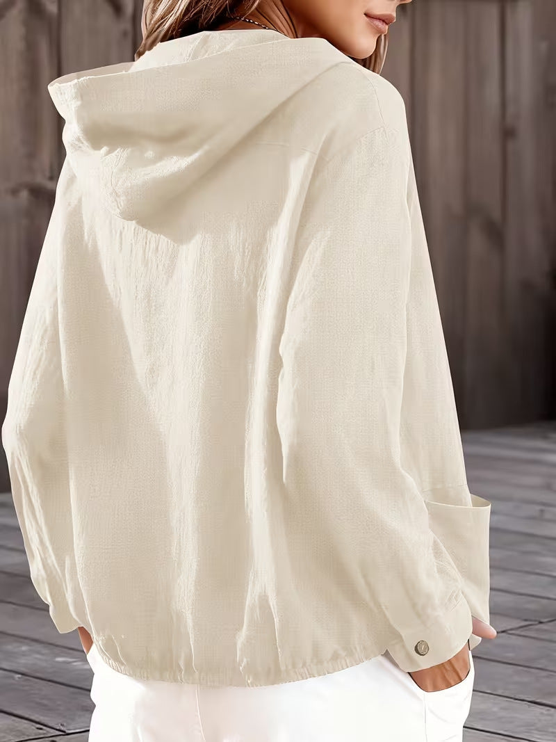 Hooded Button Front Drawstring Hem Patch Pocket Lightweight Jacket 8