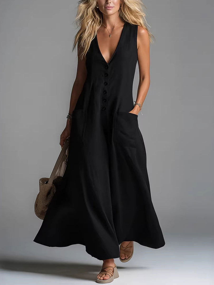 V-Neck Sleeveless Button Front Patch Pocket Flowy A-Line Maxi Dress 3