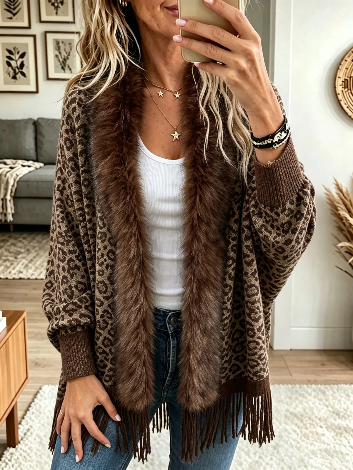 Leopard Faux Fur Collar Fringe Hem Open Front Cardigan