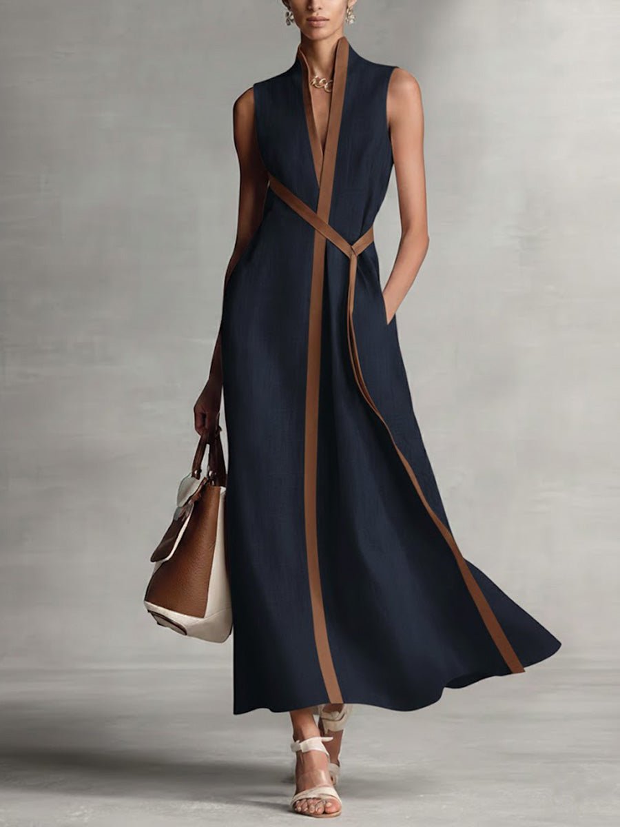 Stand Collar Sleeveless Contrast Trim Pocket A-Line Maxi Dress