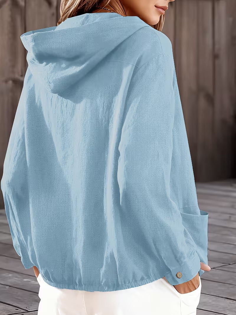 Hooded Button Front Drawstring Hem Patch Pocket Lightweight Jacket 6