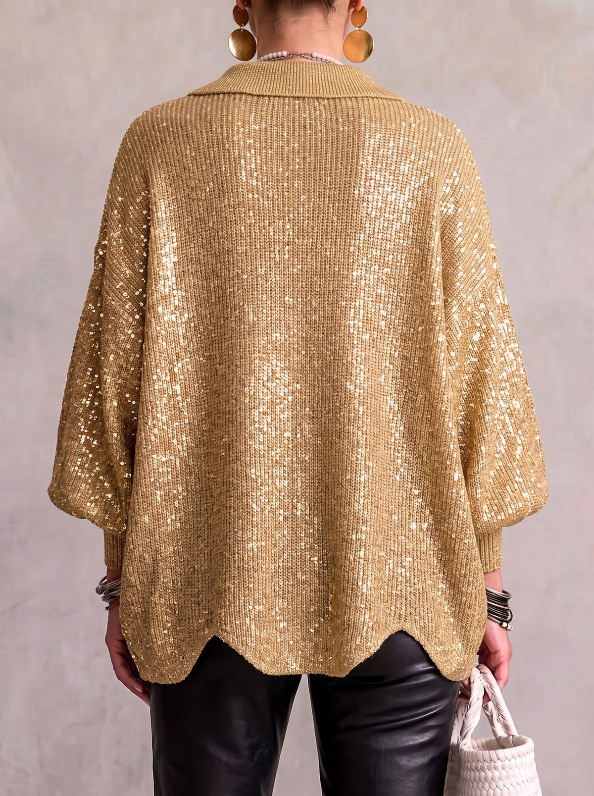 Collared Ribbed Knit Gold Button Lantern Sleeve Oversized Cardigan 6