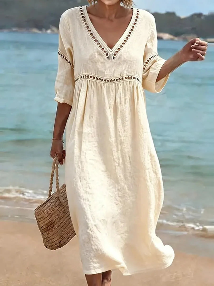 V-Neck Crochet Lace Trim Half Sleeve Loose Cotton Maxi Dress