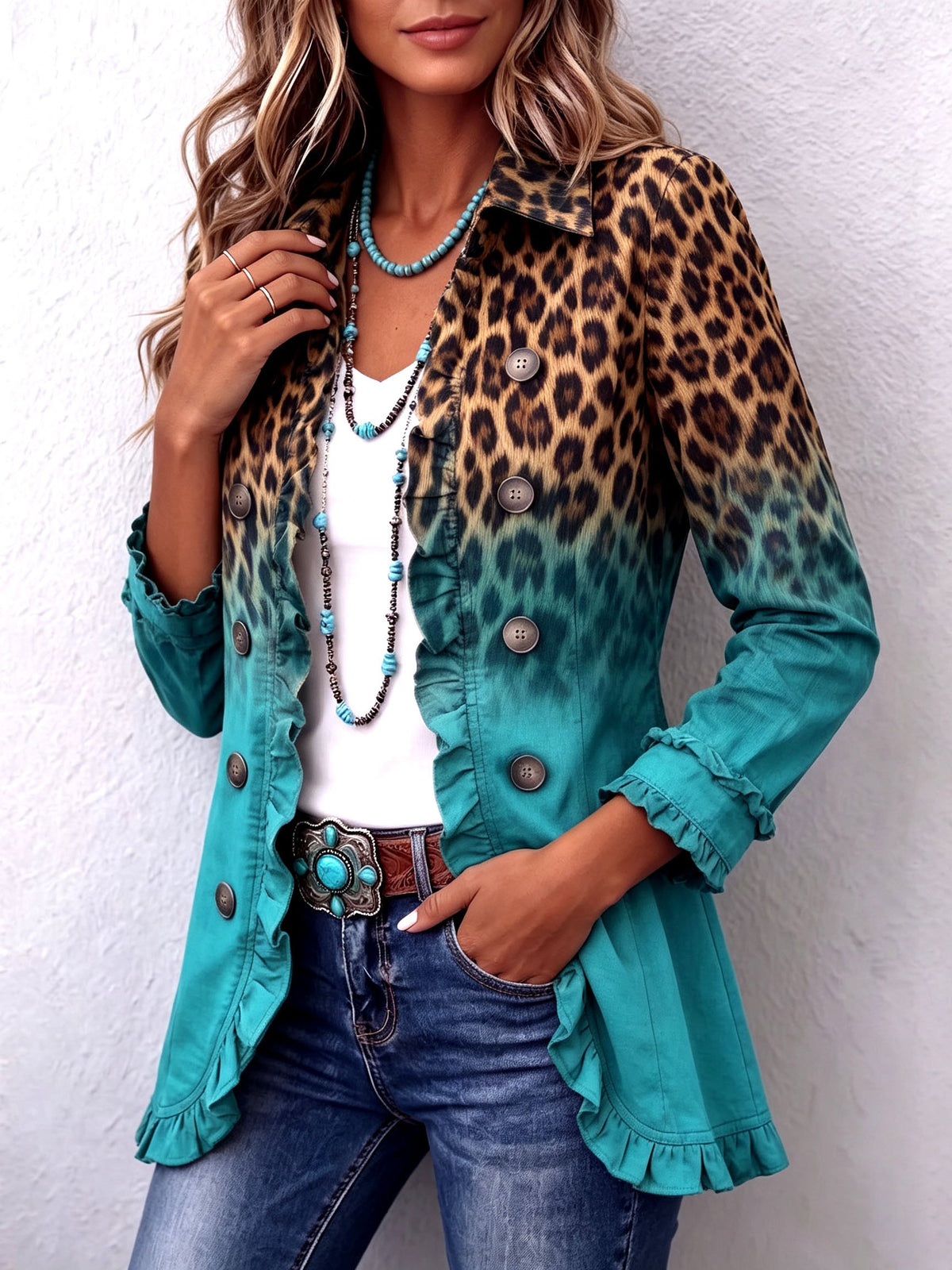 Lapel Collar Leopard Ombre Ruffle Trim Button Blazer 2