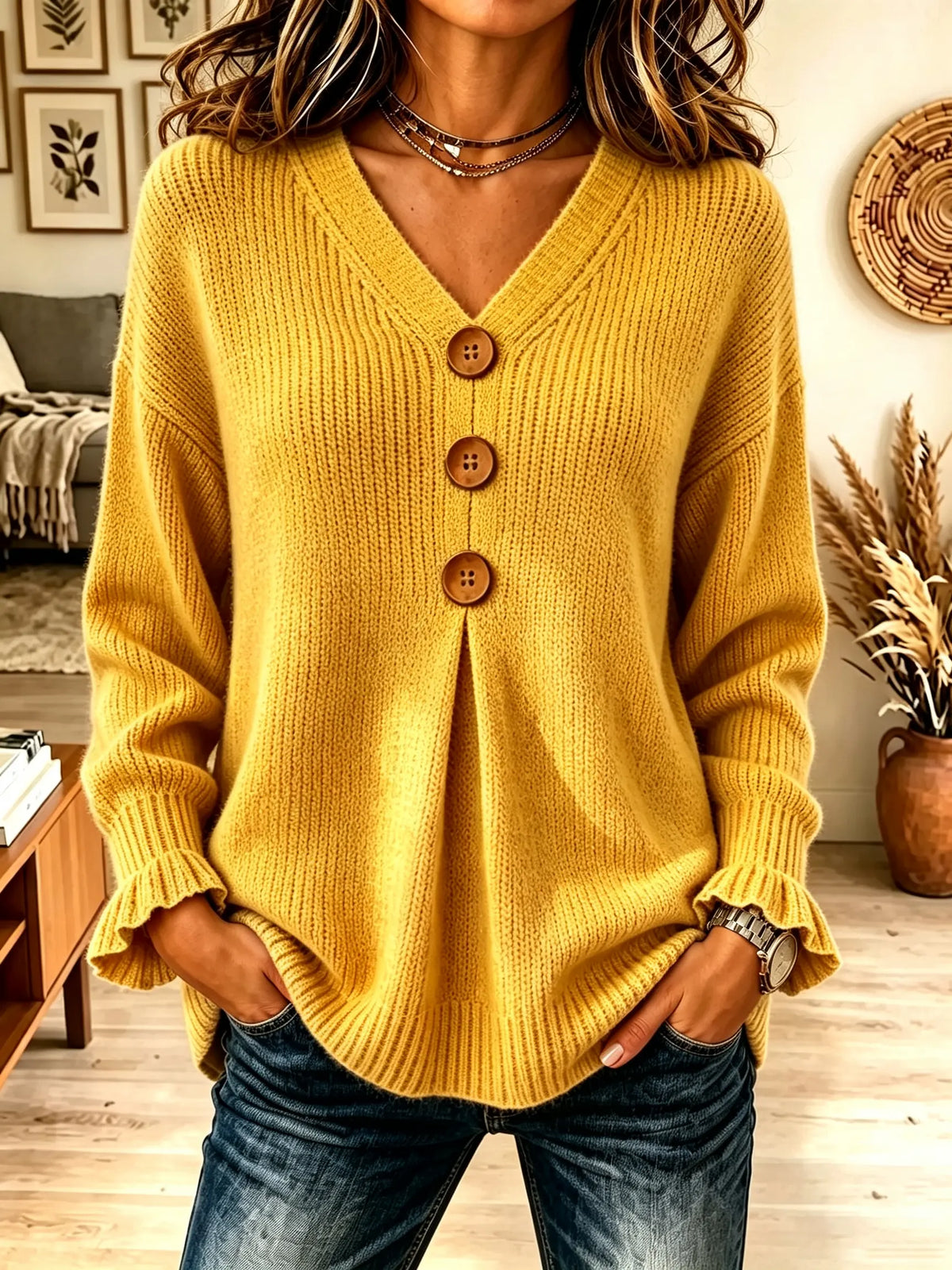 V-Neck Big Button Pleated Ruffle Cuff Knit Sweater 7