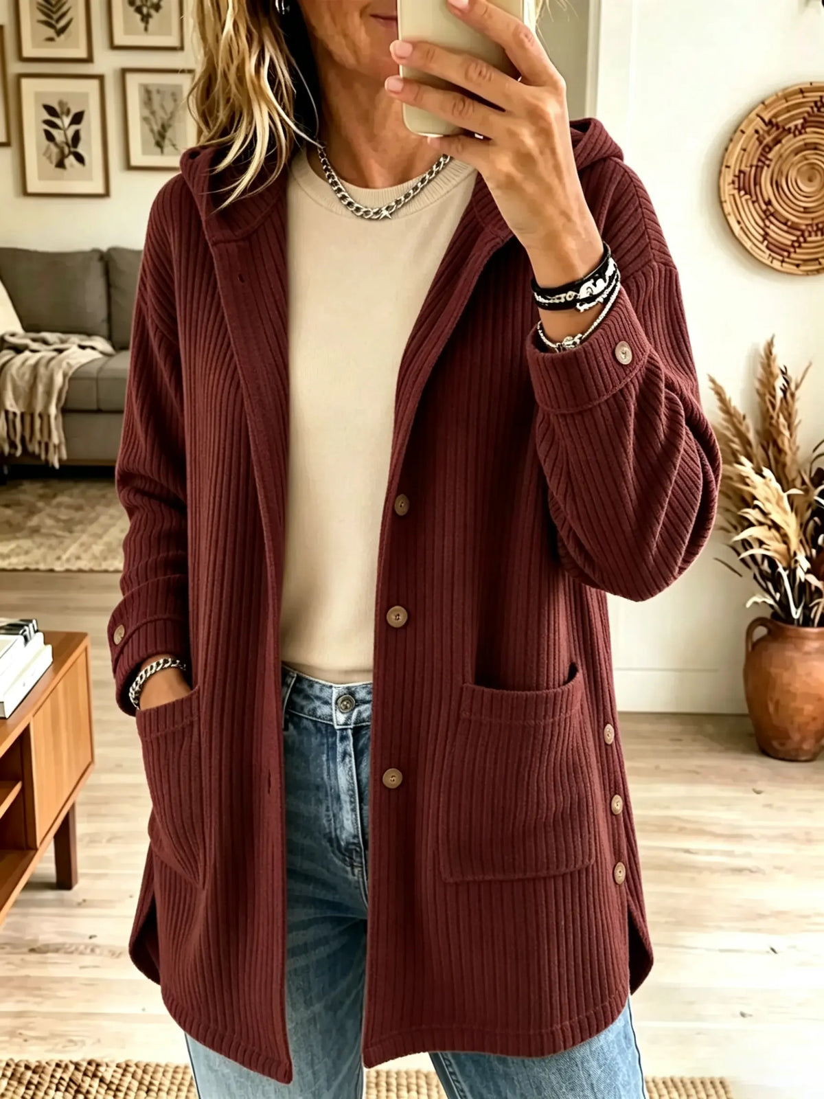 Hooded Button Front Patch Pocket Ribbed Longline Cardigan 5