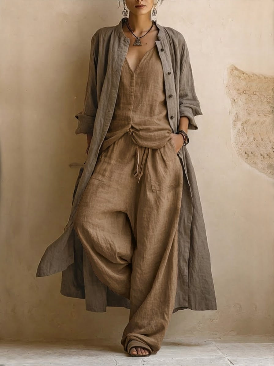 Longline Linen Duster Coat and Wide-Leg Trouser Set 2