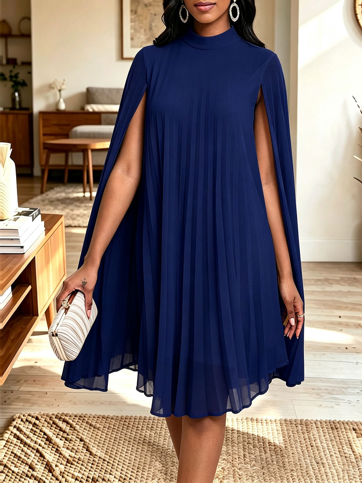 Mock Neck Cape Sleeve Pleated Chiffon Midi Dress 5