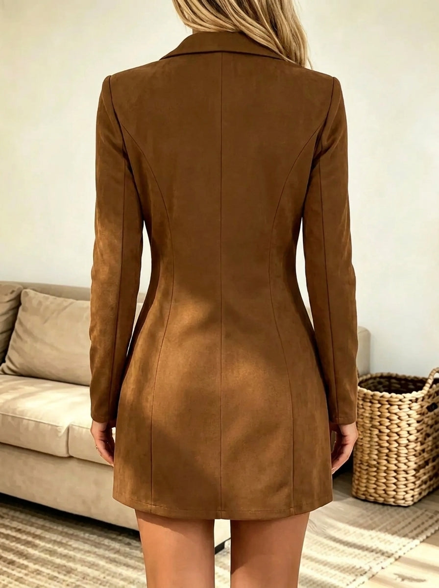 Notch Lapel Suede Button Front Pleated Hem Blazer Mini Dress 2