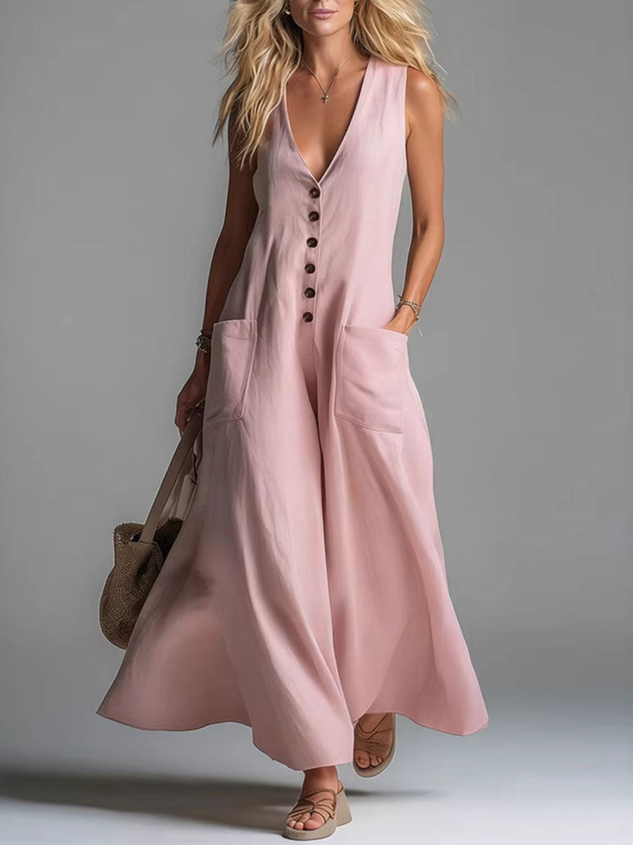 V-Neck Sleeveless Button Front Patch Pocket Flowy A-Line Maxi Dress 7
