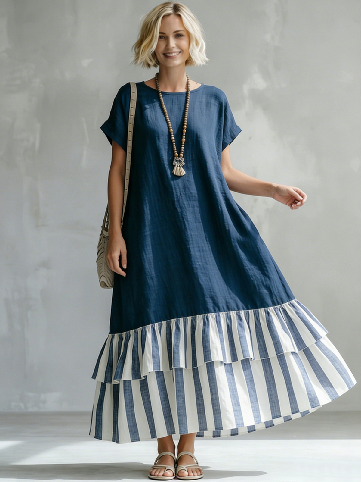 Round Neck Short Sleeve Striped Tiered Ruffle Hem Loose Maxi Dress 2