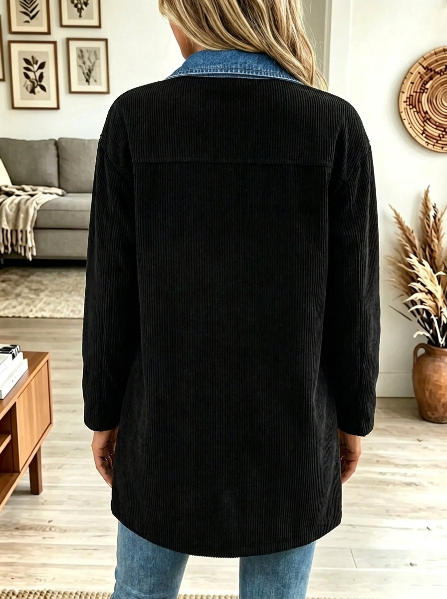 Black Denim Trim Corduroy Lapel Collar Longline Shacket 2