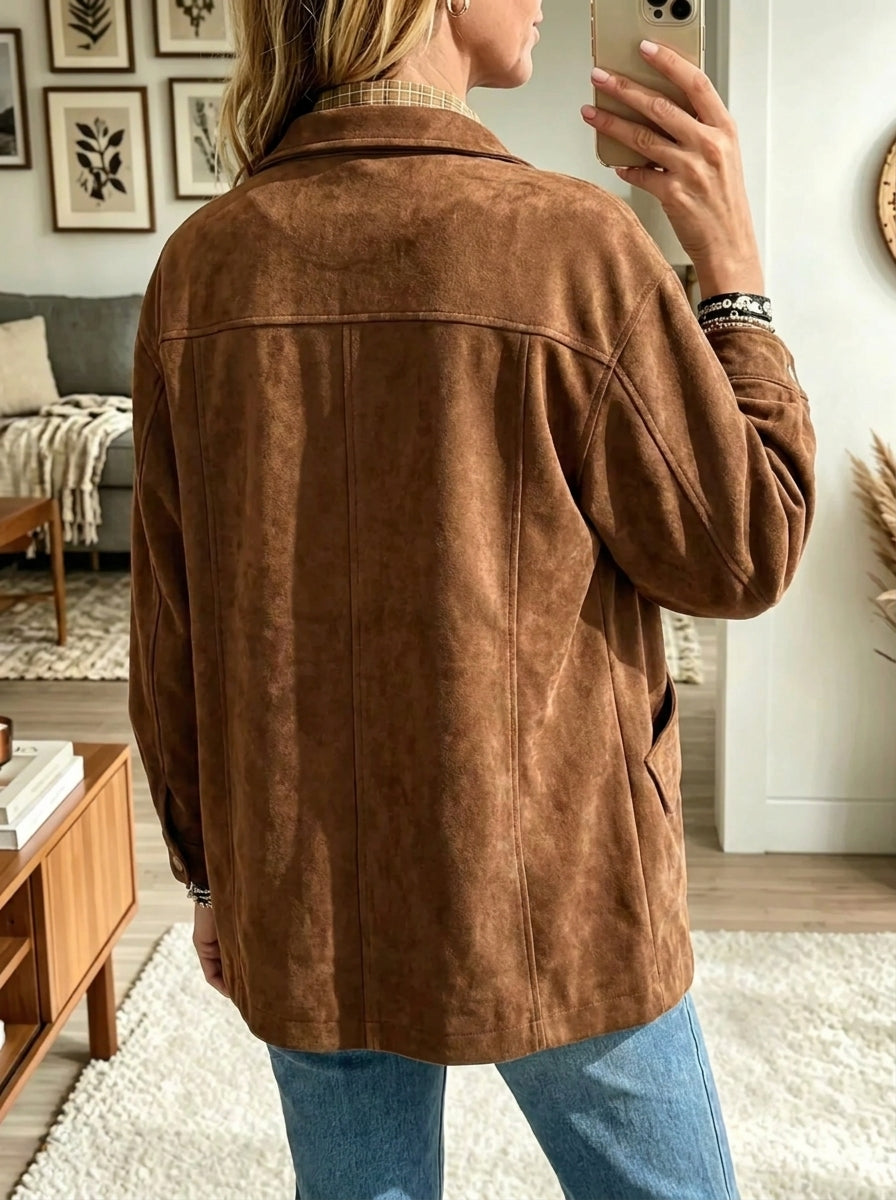 Brown Collared Snap Button Faux Suede Pocket Jacket 2