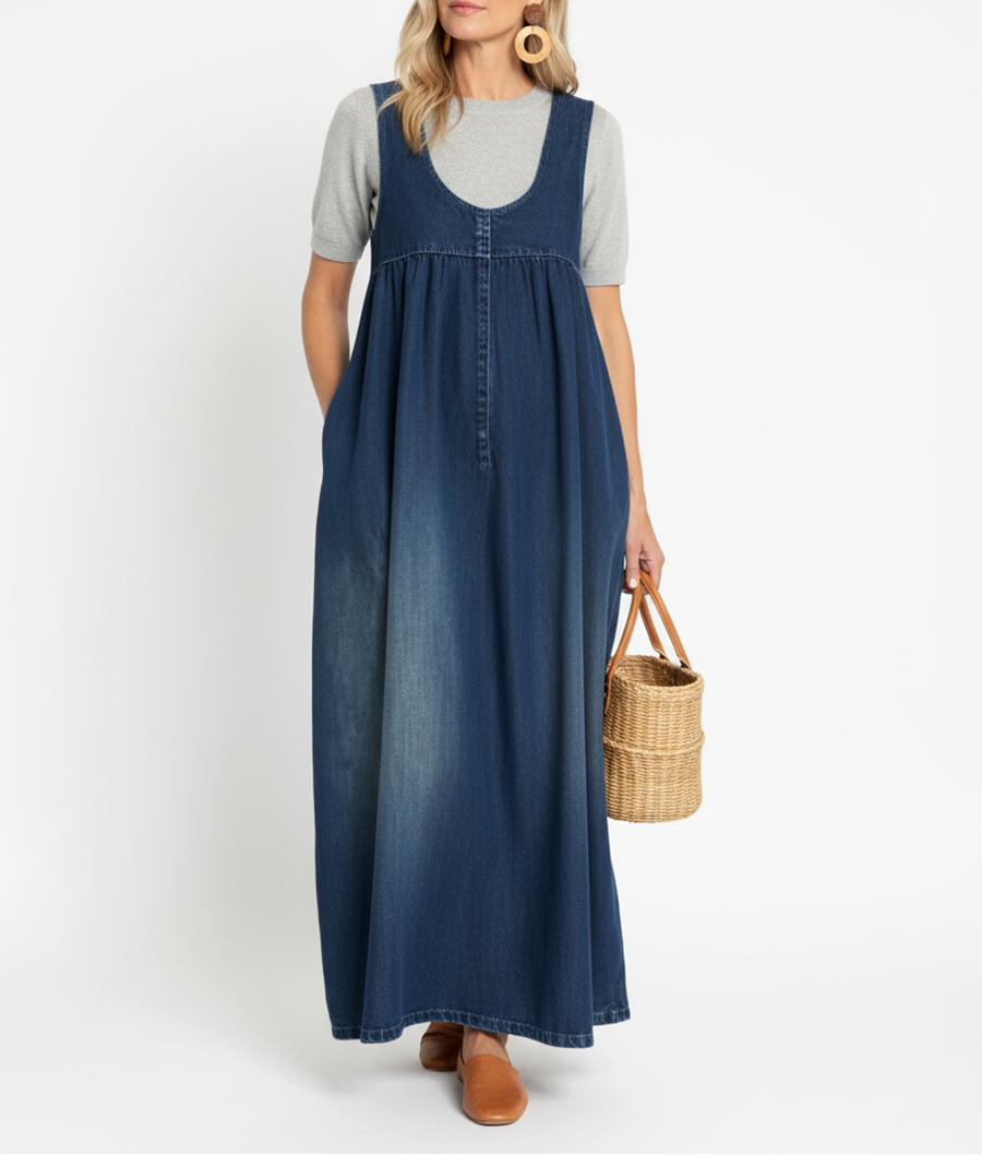 Blue Scoop Neck Sleeveless Washed Denim Empire Waist Flowy Maxi Dress 7