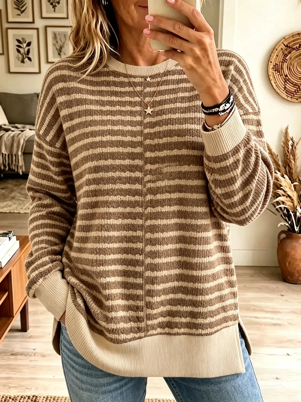 Brown Crew Neck Striped Drop Shoulder Side Slit Knit Sweater