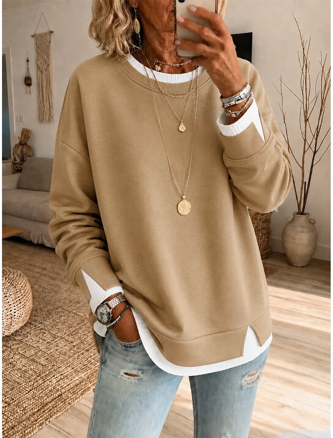 Crewneck Contrast Layered Hem Side Slit Sweatshirt