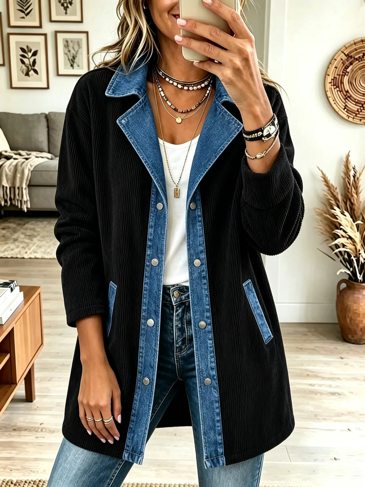 Black Denim Trim Corduroy Lapel Collar Longline Shacket