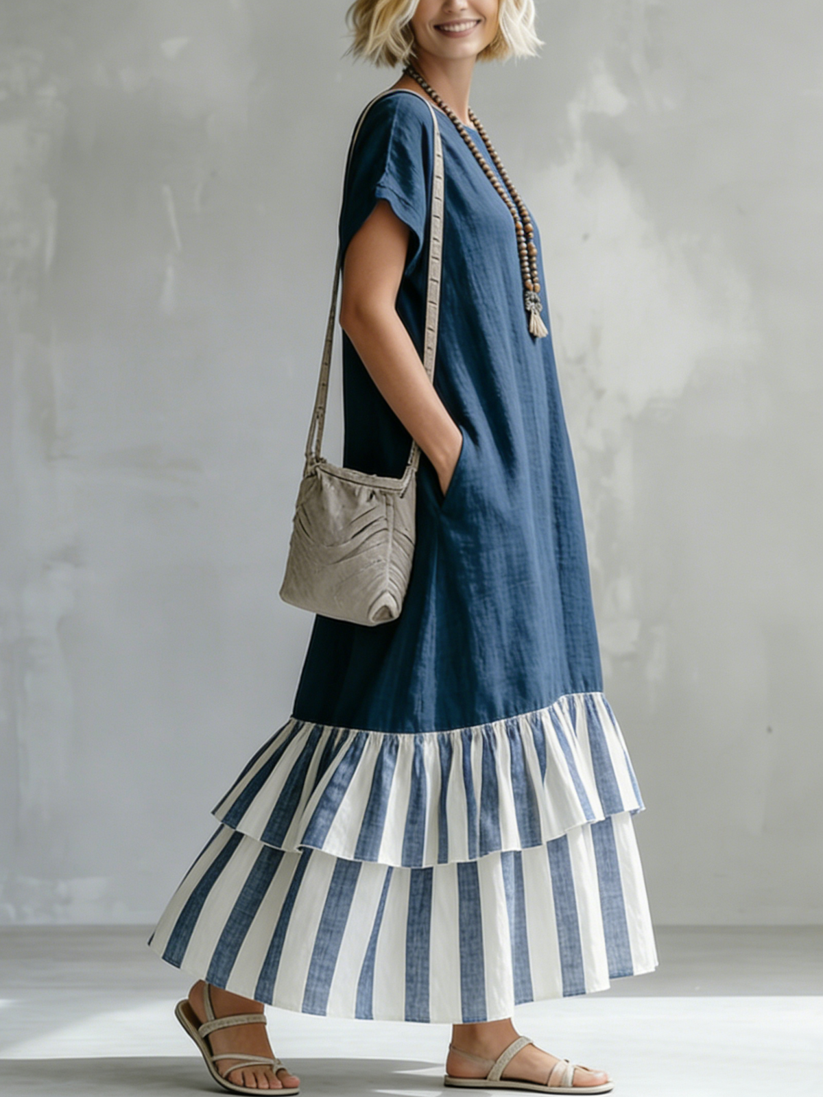 Round Neck Short Sleeve Striped Tiered Ruffle Hem Loose Maxi Dress 3