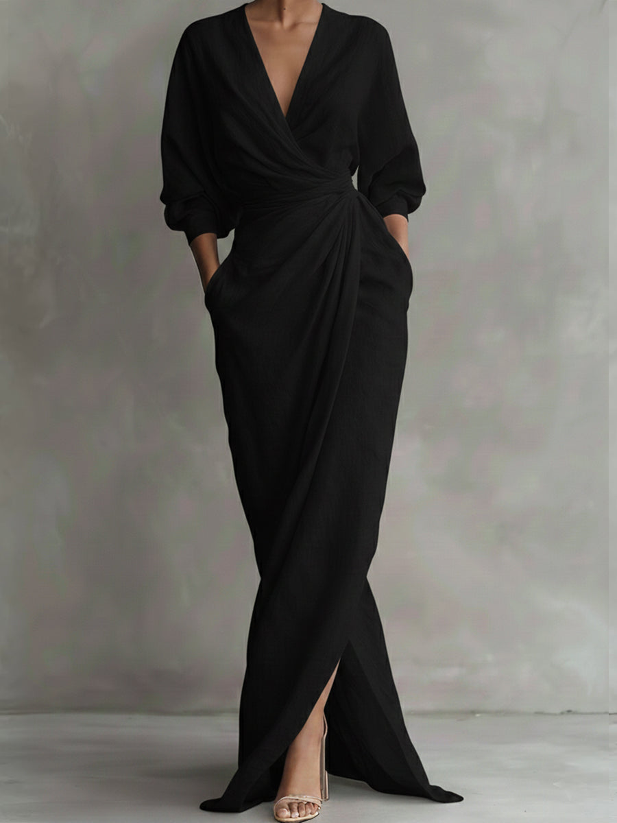 Surplice V-Neck Batwing Sleeve Twist Front Draped Wrap Maxi Dress