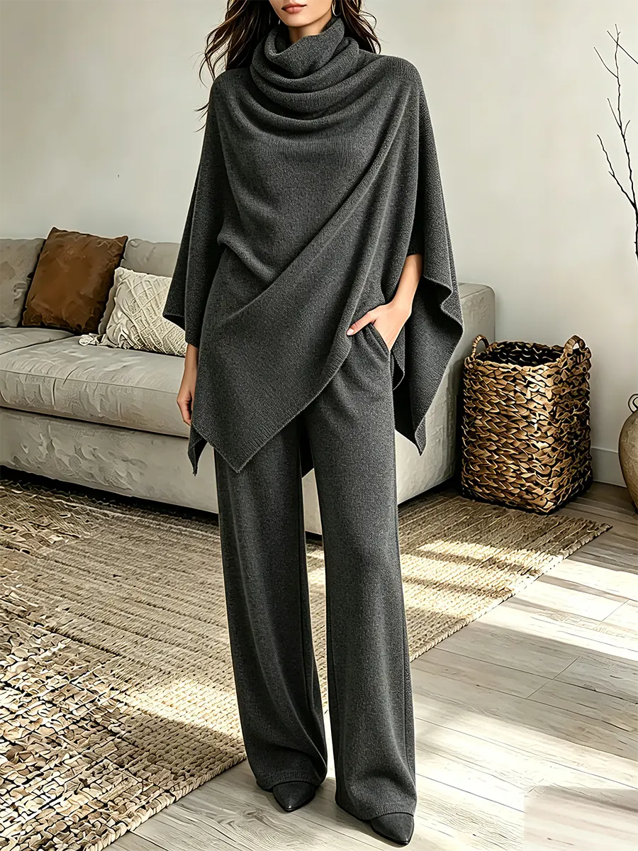 Grey Turtleneck Asymmetric Cape Wide Leg Pants Two-Piece Set