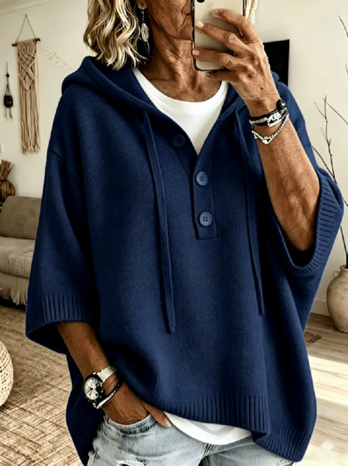 Hooded Half Button Batwing Sleeve Oversized Knit Sweater 2