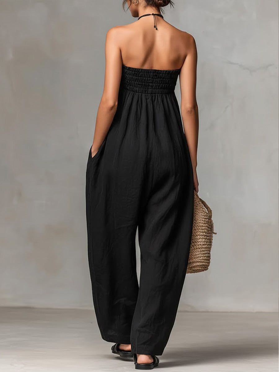 Strapless Shirred Drawstring Wide Leg Jumpsuit 2