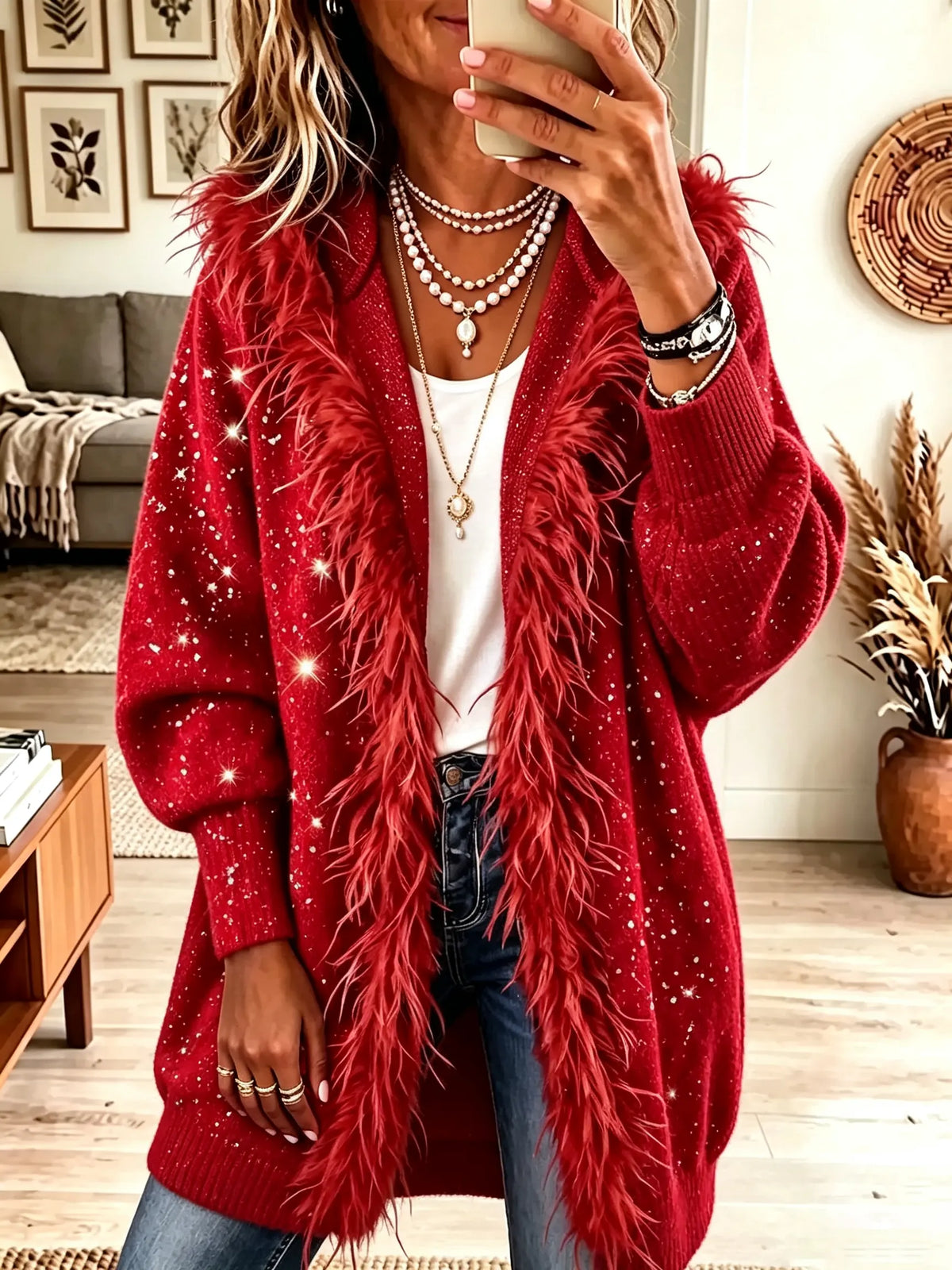 Red Feather Trim Glitter Knit Longline Duster Cardigan