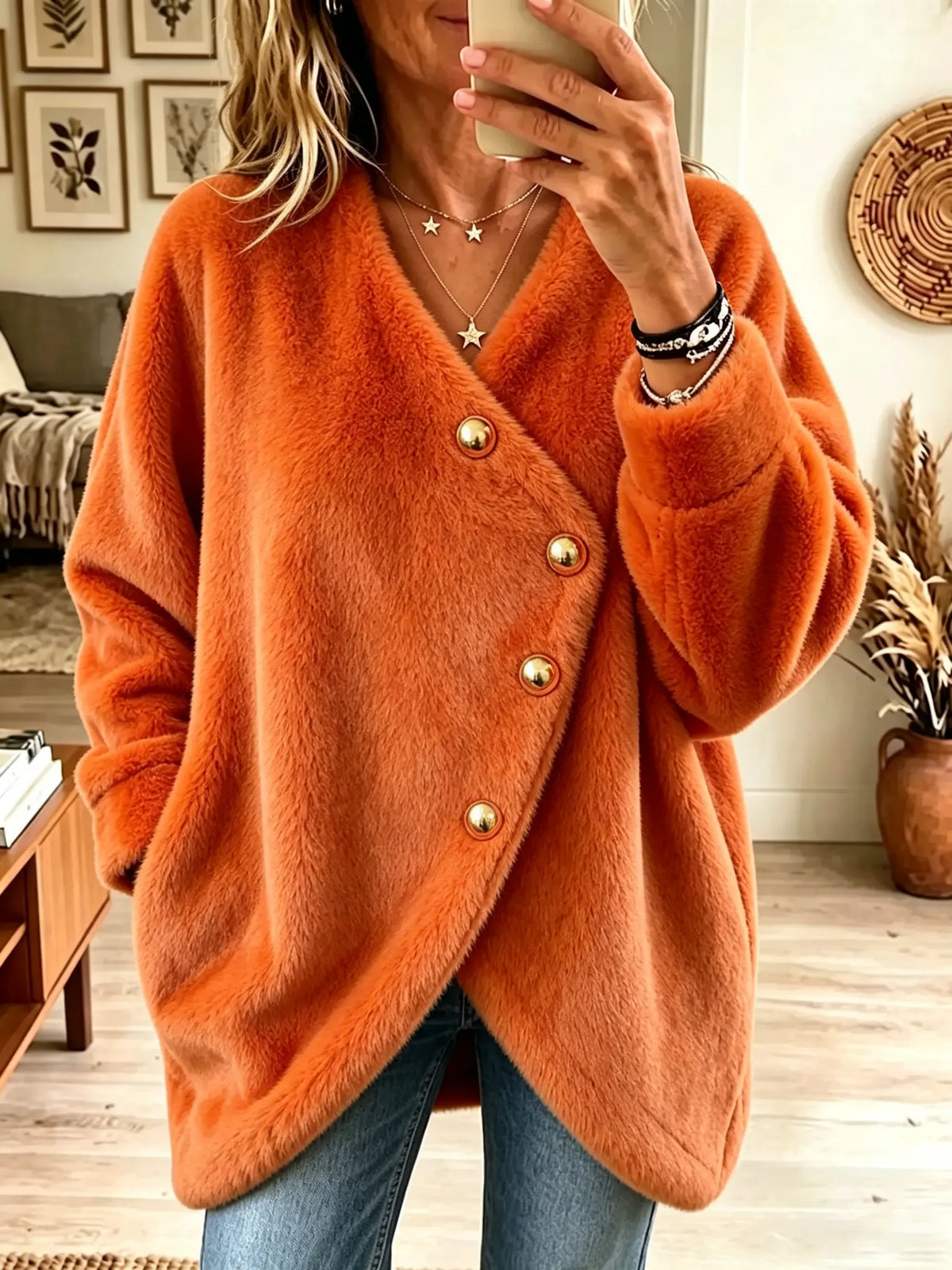 Orange V-Neck Asymmetric Button Wrap Fleece Cardigan