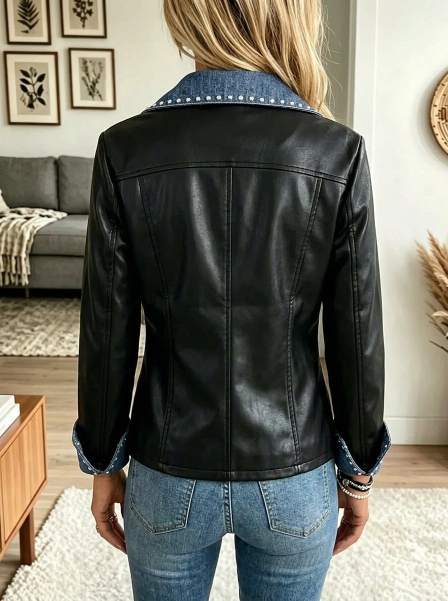 Black Notch Lapel Studded Denim Contrast Faux Leather Jacket 2